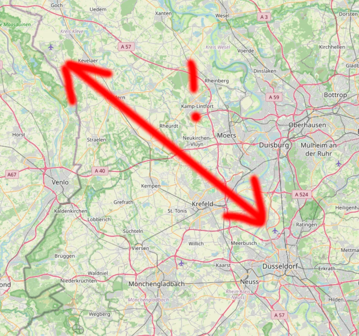 Karte auf der nochmal klargemacht wird, wie weit Weeze und Düsseldorf voneinander entfernt sind.