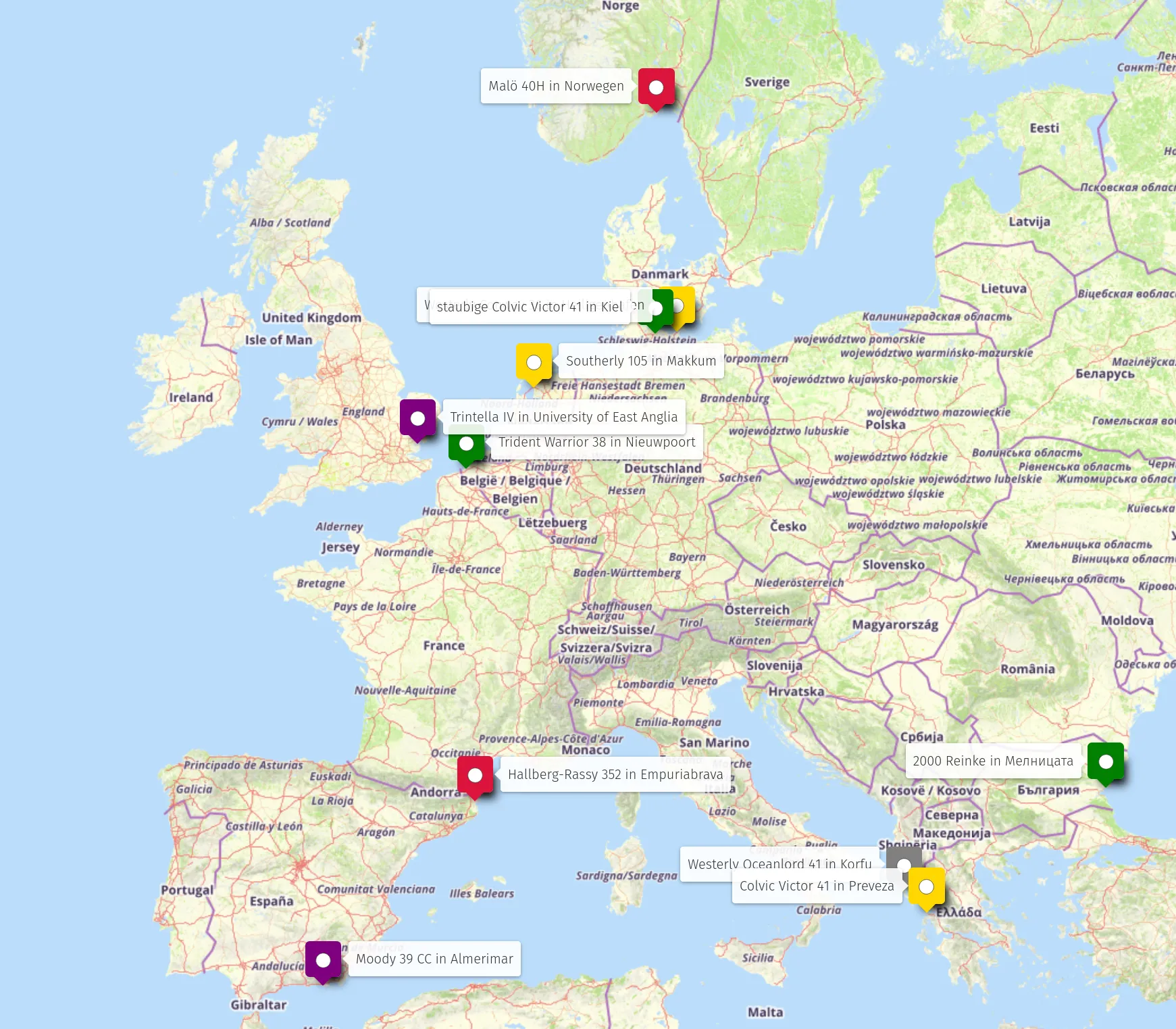 Kartenausschnitt von Europa mit den Standorten der Boote, die wir als Vorschläge bekommen haben.